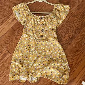 Mustard yellow short floral scoop neck dress